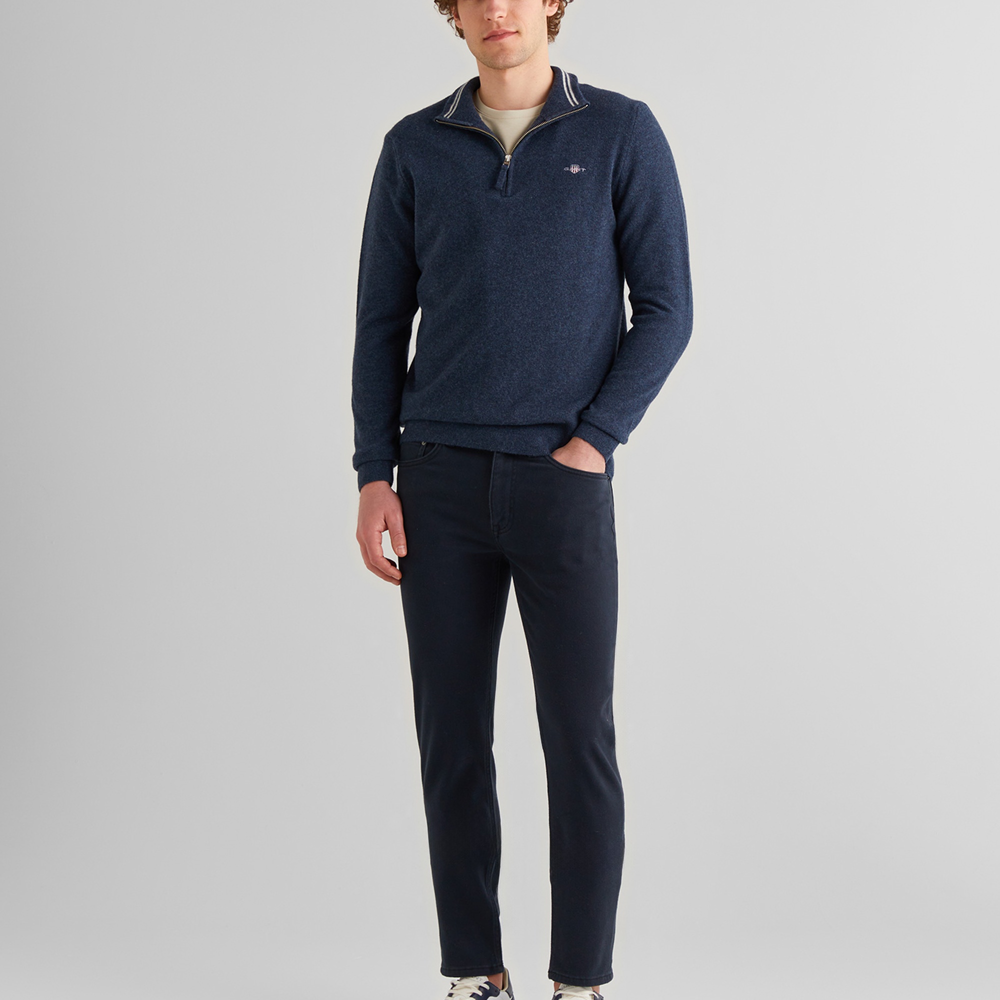 GANT Erkek Lacivert Regular Fit Yarım Fermuarlı Yün Kazak