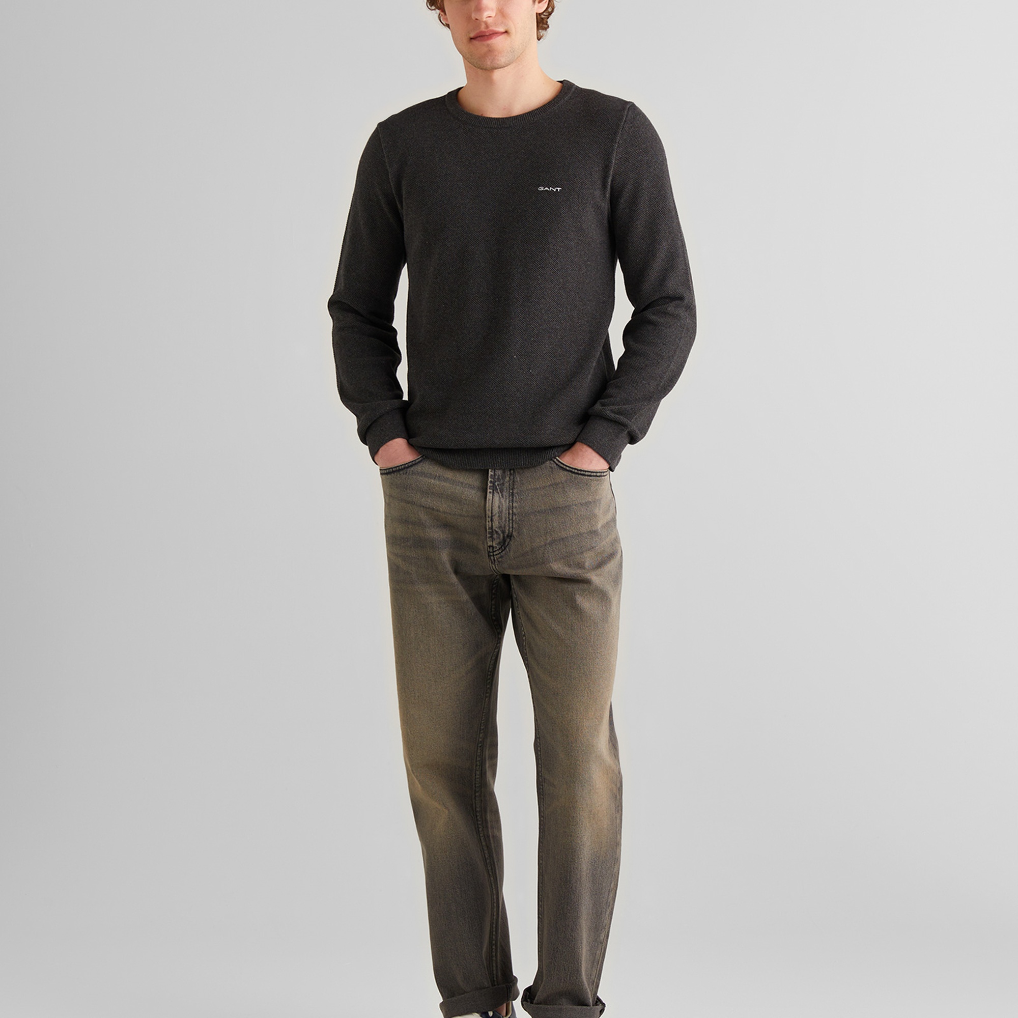 GANT Erkek Gri Regular Fit Bisiklet Yaka Kazak