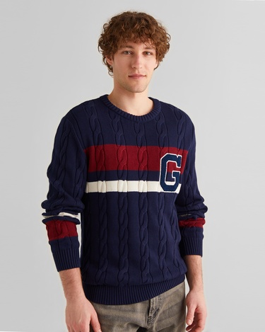  GANT Erkek Lacivert Relaxed Fit Bisiklet Yaka Renk Bloklu Örgü Kazak