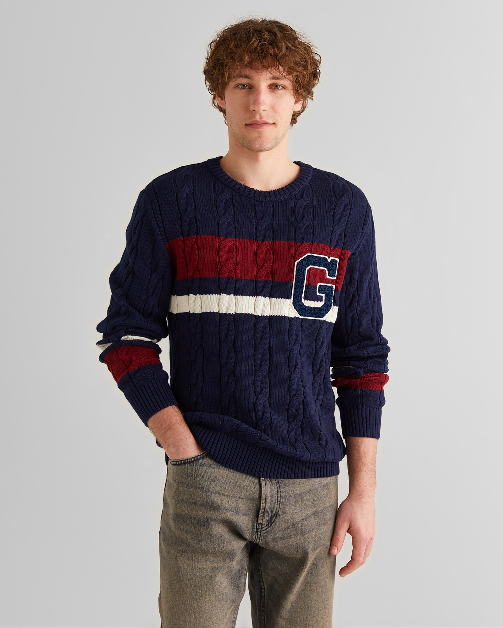  GANT Erkek Lacivert Relaxed Fit Bisiklet Yaka Renk Bloklu Örgü Kazak