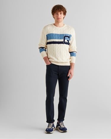  GANT Erkek Krem Relaxed Fit Bisiklet Yaka Renk Bloklu Örgü Kazak