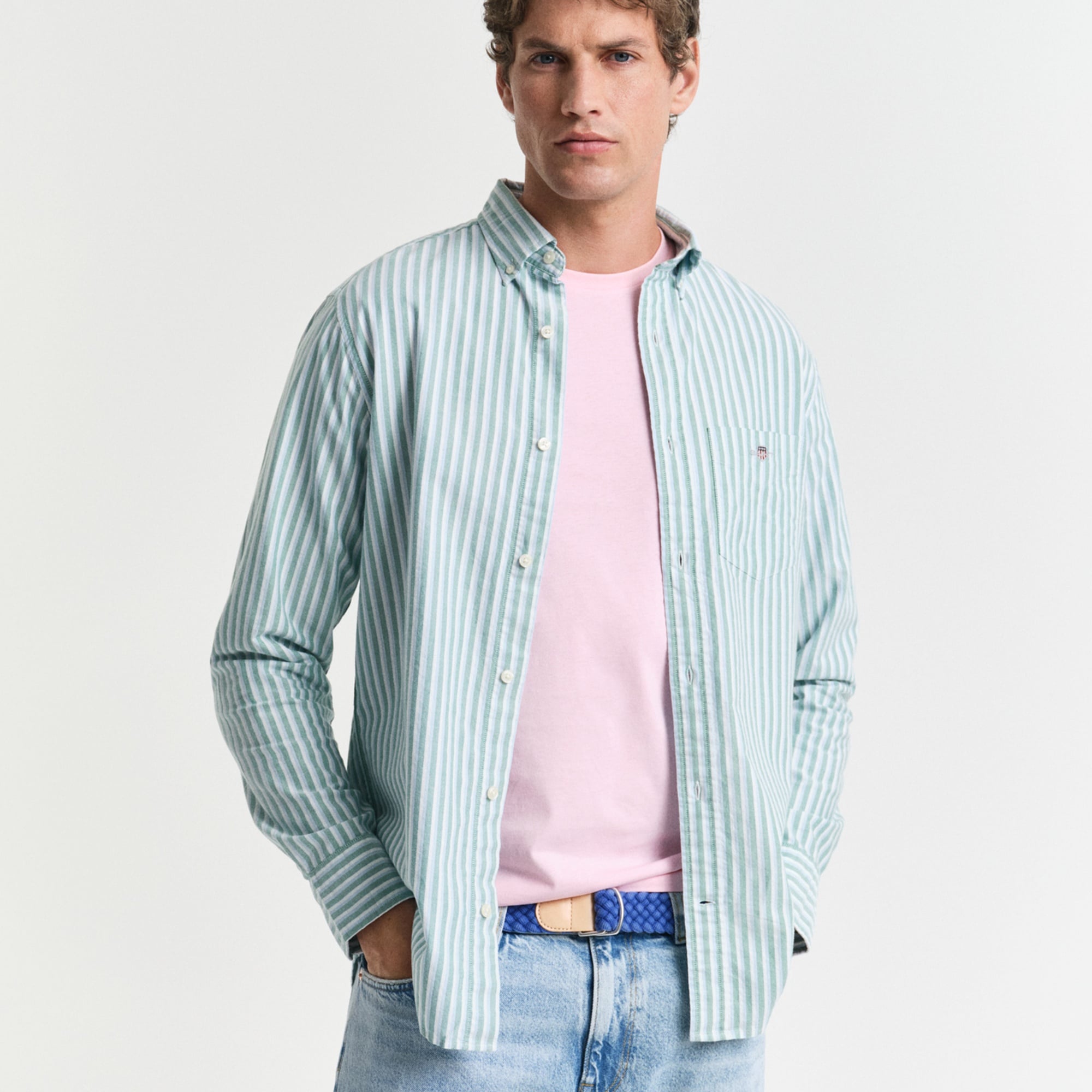 GANT Erkek Yeşil Regular Fit Düğmeli Yaka Çizgili Gömlek