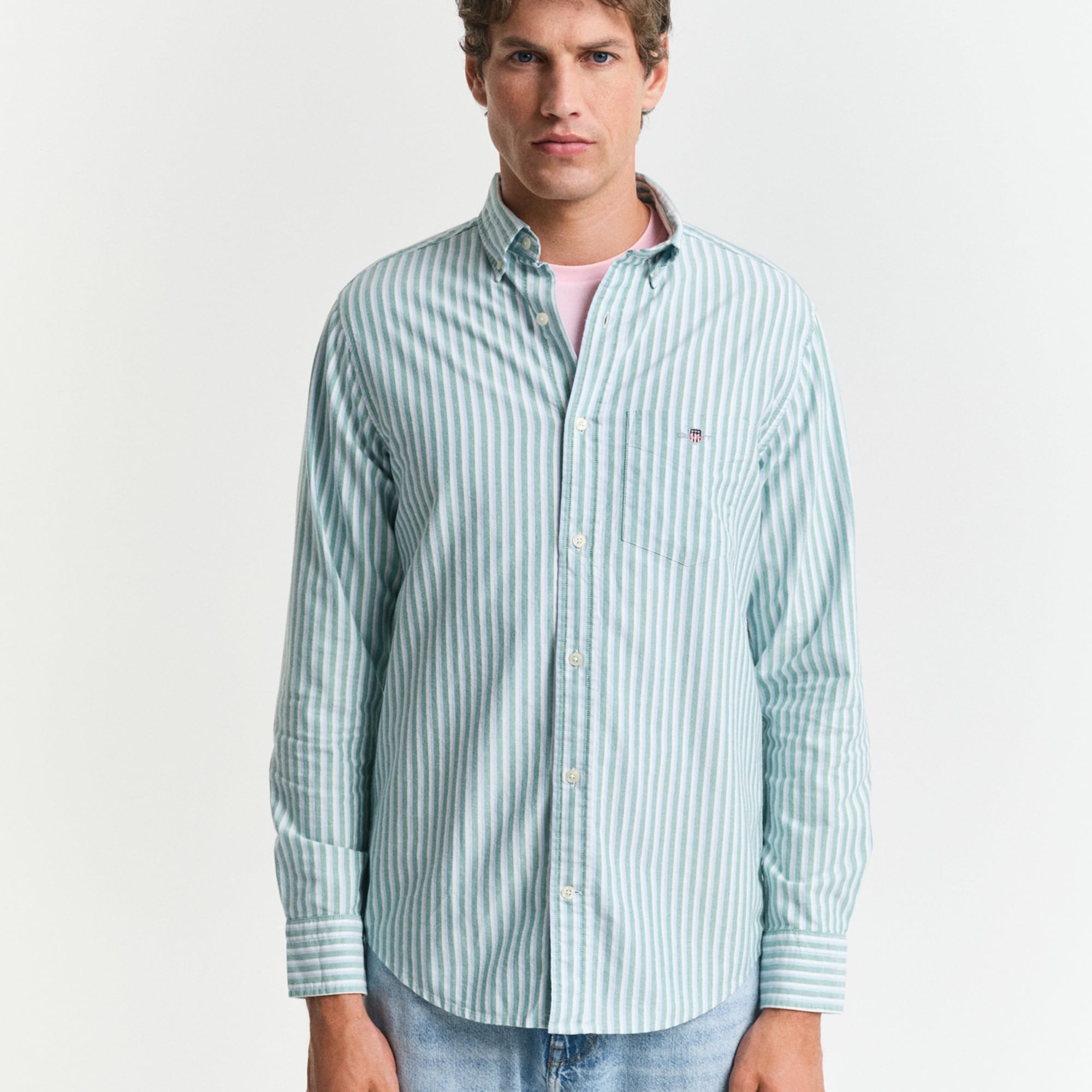 GANT Erkek Yeşil Regular Fit Düğmeli Yaka Çizgili Gömlek