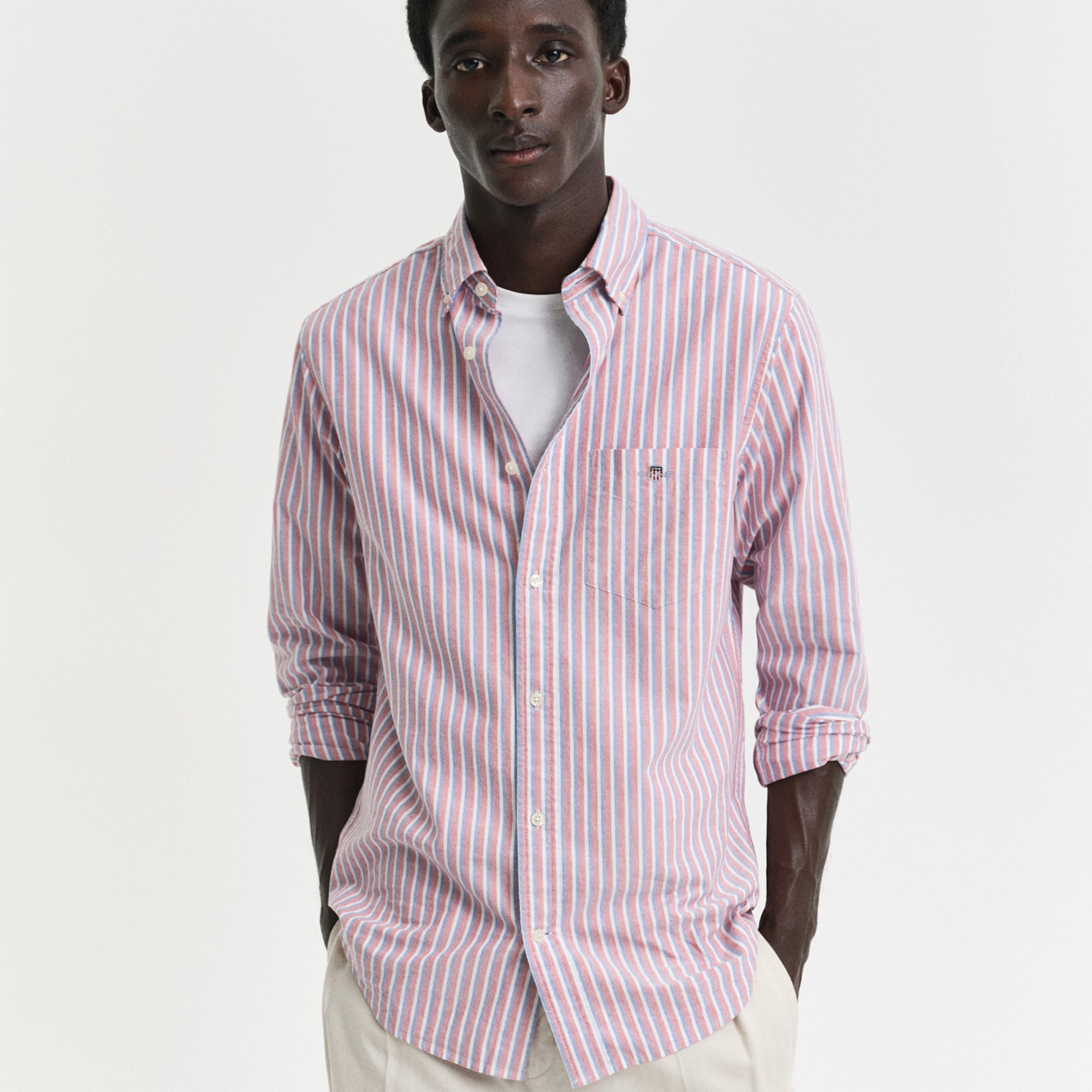 GANT Erkek Kırmızı Regular Fit Düğmeli Yaka Çizgili Gömlek