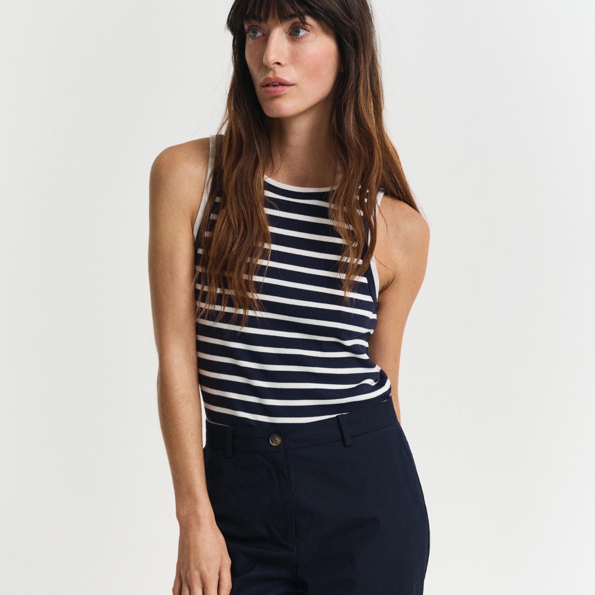 GANT Kadın Lacivert Regular Fit Bisiklet Yaka Çizgili T-Shirt