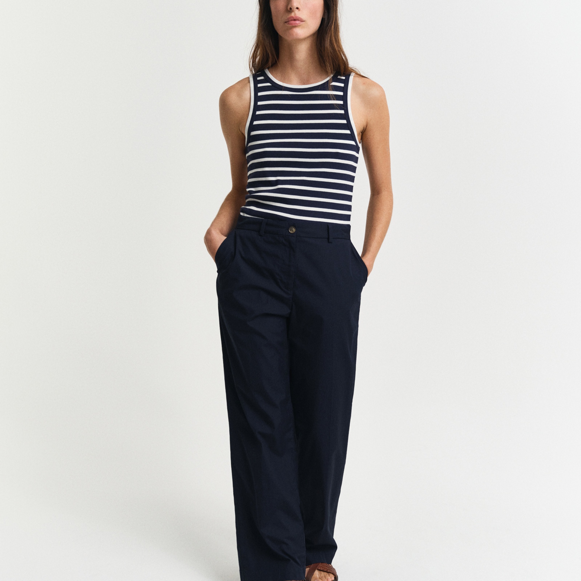 GANT Kadın Lacivert Regular Fit Bisiklet Yaka Çizgili T-Shirt