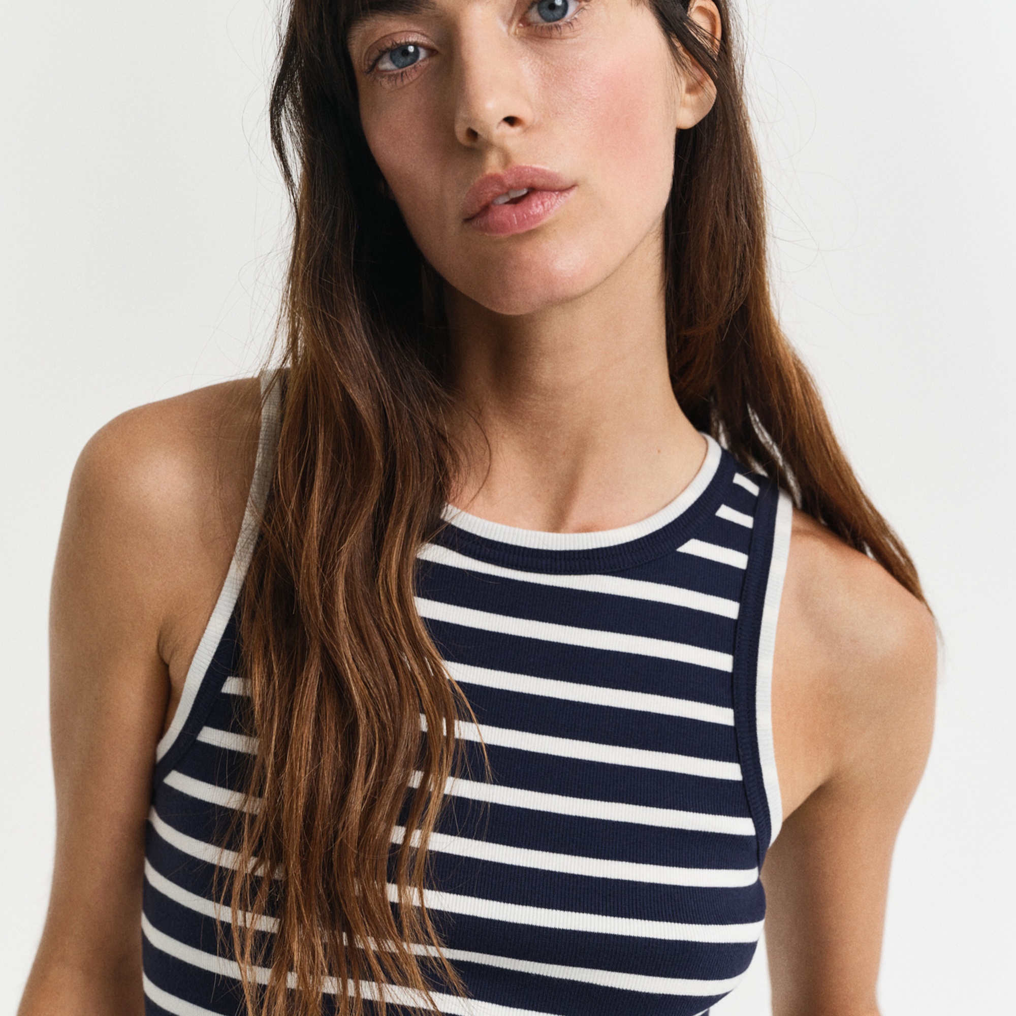 GANT Kadın Lacivert Regular Fit Bisiklet Yaka Çizgili T-Shirt