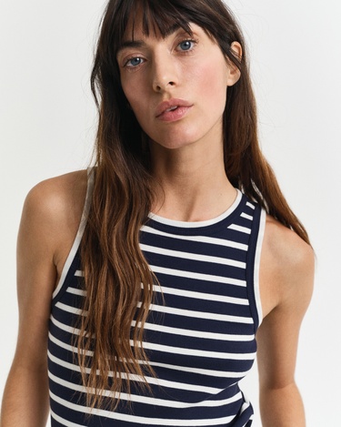  GANT Kadın Lacivert Regular Fit Bisiklet Yaka Çizgili T-Shirt