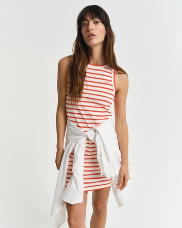  GANT Kadın Turuncu Slim Fit Bisiklet Yaka Çizgili Elbise