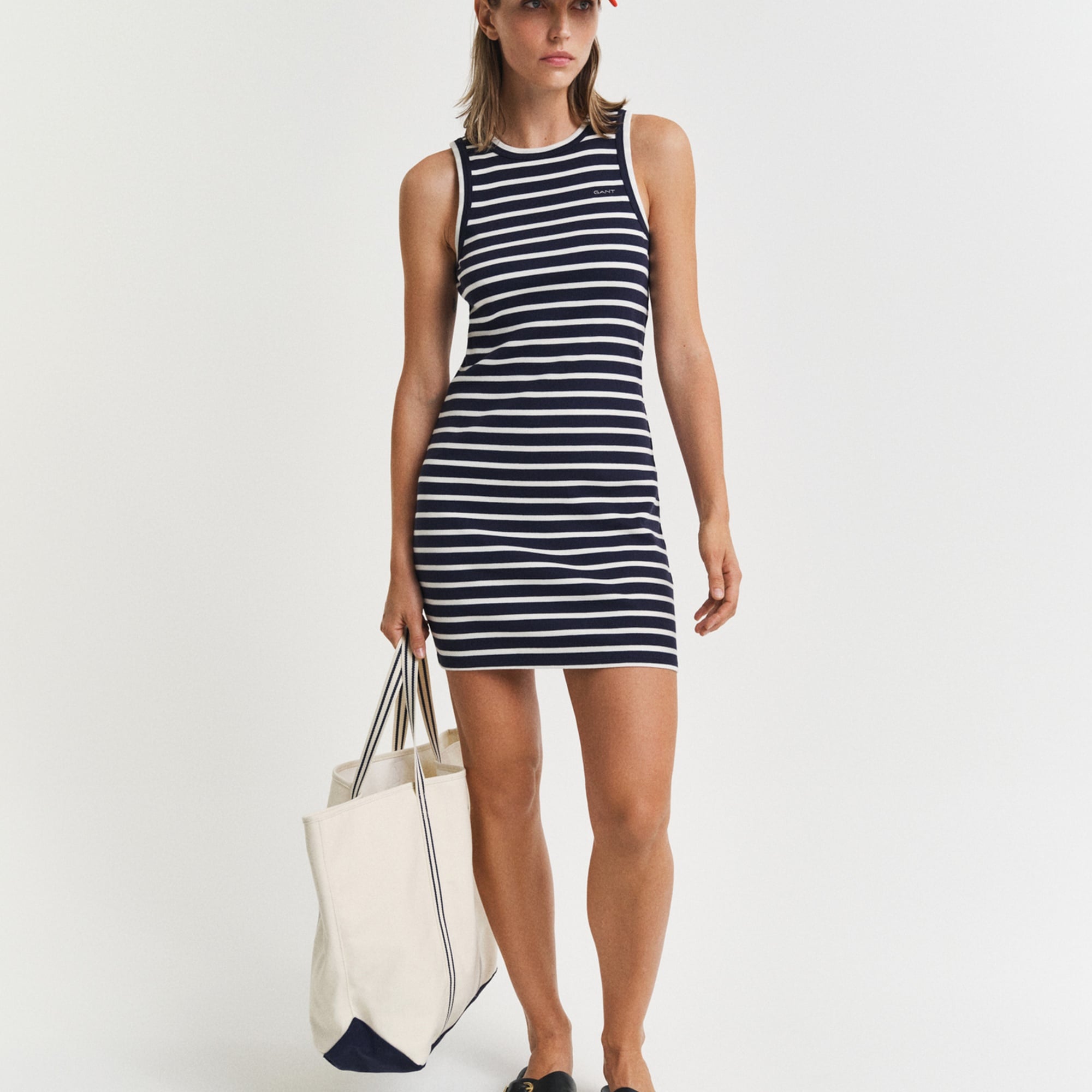 GANT Kadın Lacivert Slim Fit Bisiklet Yaka Çizgili Elbise