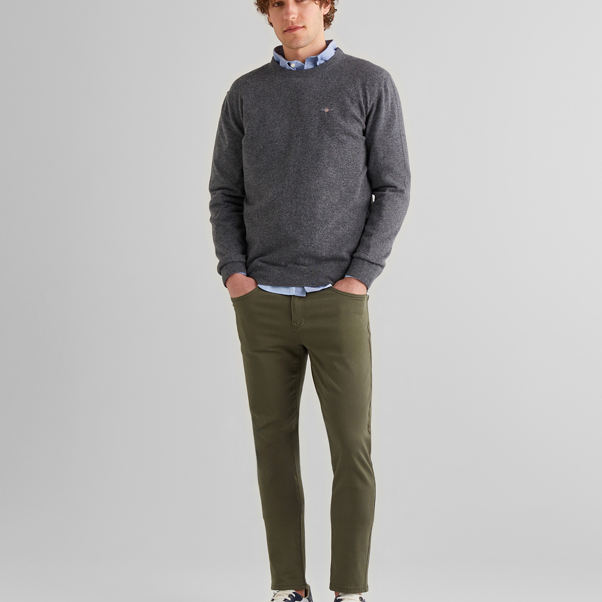 GANT Erkek Gri Regular Fit Bisiklet Yaka Yün Kazak