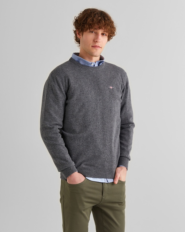  GANT Erkek Gri Regular Fit Bisiklet Yaka Yün Kazak