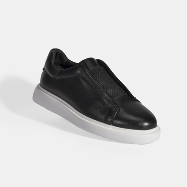  Siyah Erkek Lastik Detaylı Deri Günlük Ayakkabı