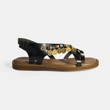  Siyah Kadın Toka Detaylı Aksesuarlı Deri Sandalet