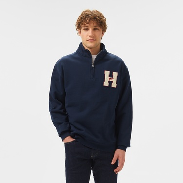 Tommy Jeans 1/4 Zip Towel Patch Erkek Mavi Sweatshirt