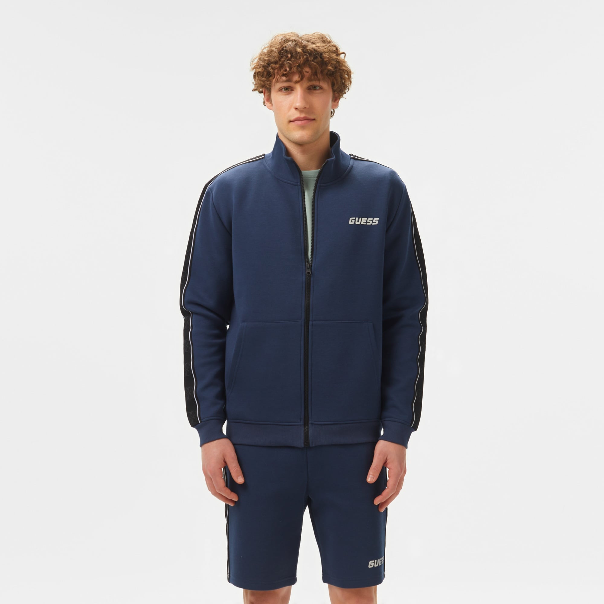 Guess Mickey Full Zip Recycled Punto Milano 300 Erkek Mavi Sweatshirt