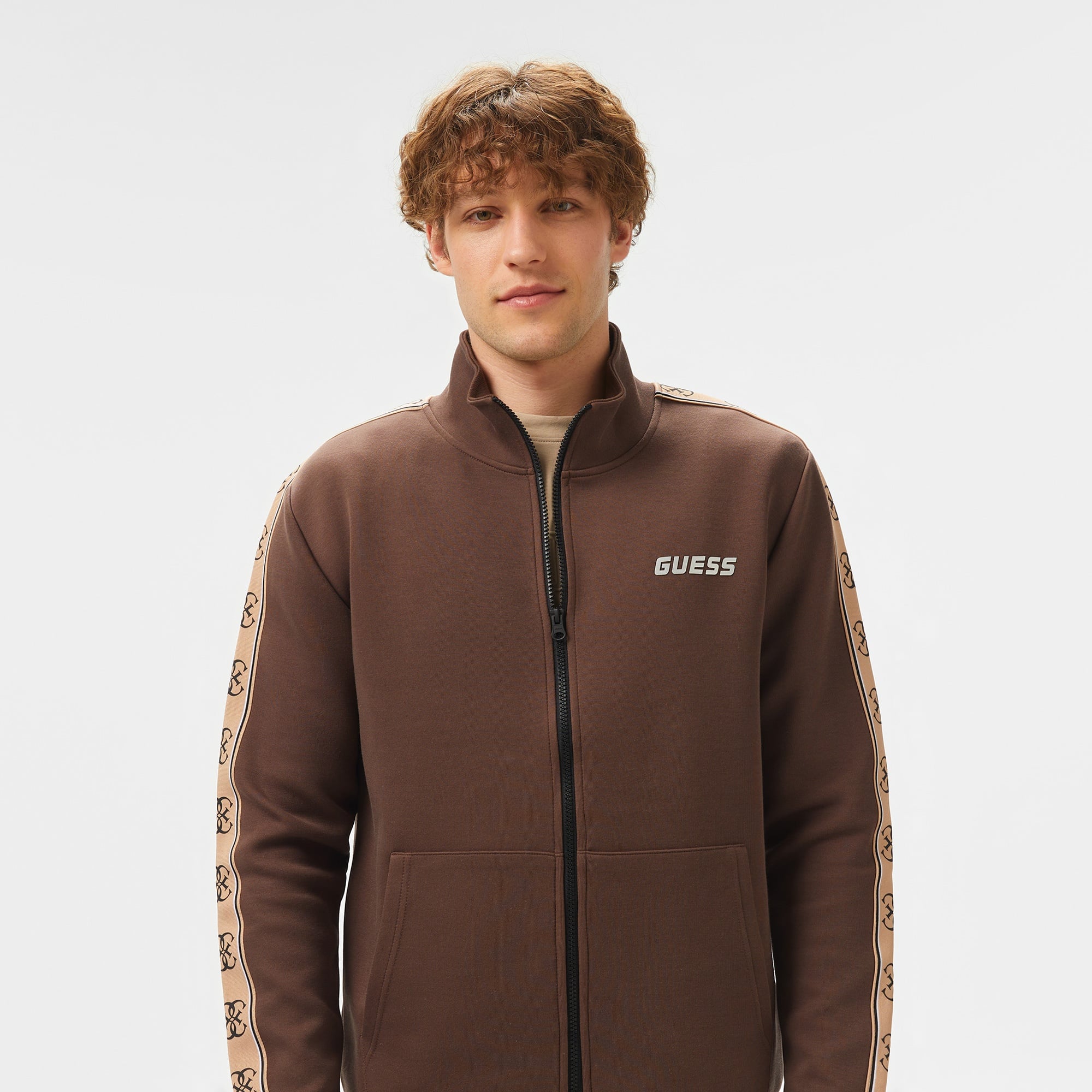 Guess Mickey Full Zip Recycled Punto Milano 300 Erkek Kahverengi Sweatshirt