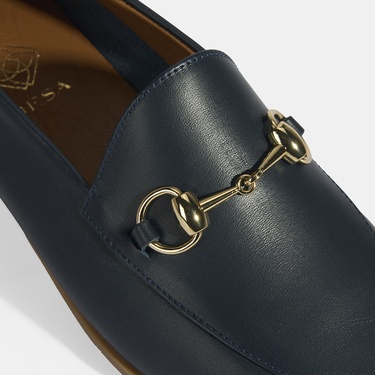  Lacivert Kadın Toka Aksesuarlı Deri Loafer