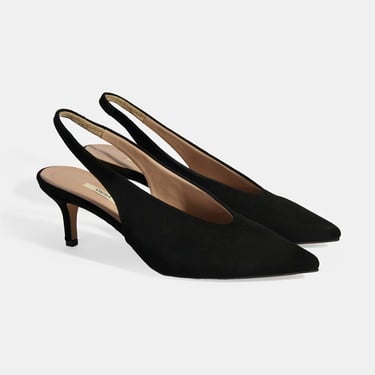  Siyah Kadın Süet Slingback Topuklu Ayakkabı