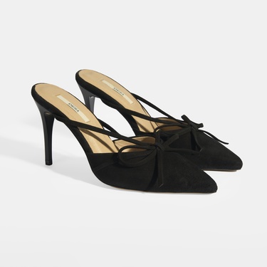  Siyah Kadın Fiyonk Detaylı Süet Topuklu Abiye Ayakkabı