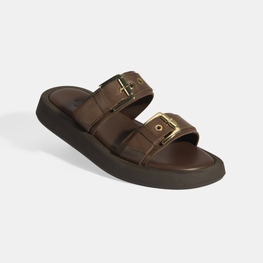  Kadın Kahve Toka Detaylı Deri Terlik