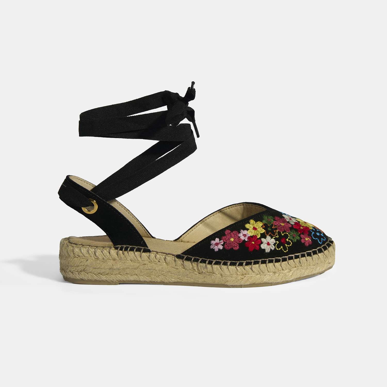  Limited Edition Siyah Kadın Çiçek Nakışlı Jüt Bağcıklı Slingback Espadril