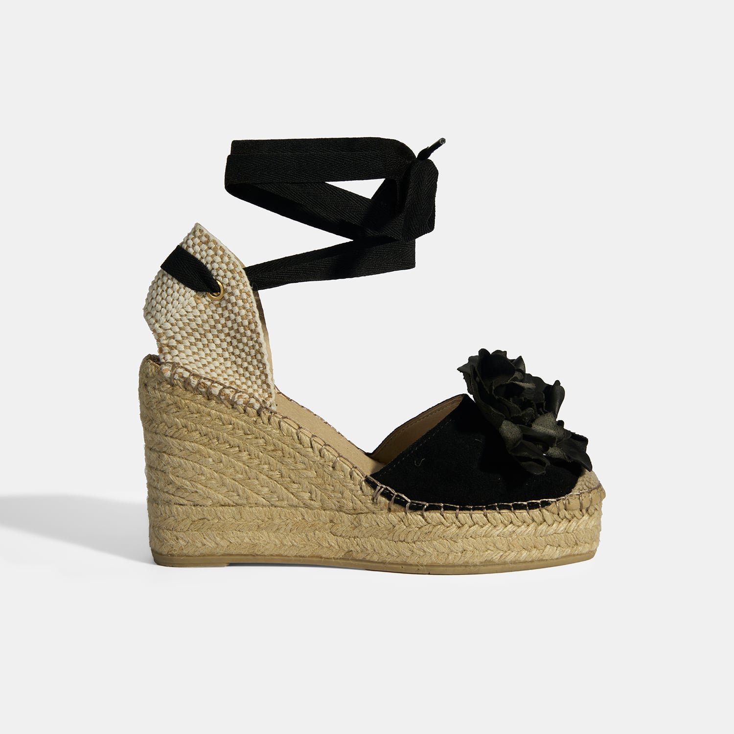  Limited Edition Siyah Kadın Çiçek Aksesuarlı Jüt Bağcıklı Dolgu Topuklu Süet Espadril