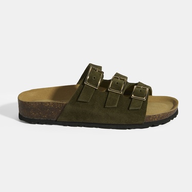  Haki Kadın Toka Detaylı Süet Terlik