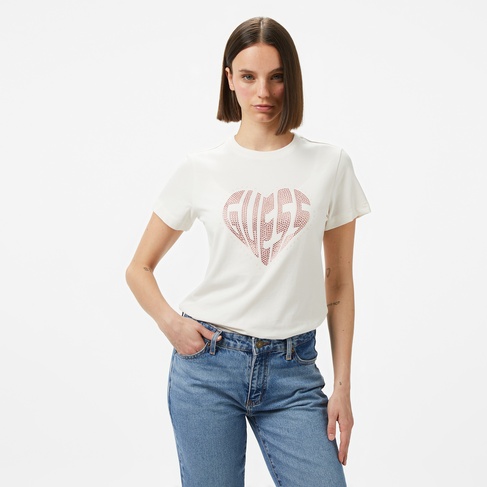 Guess Julia Rhinestone Mid Organicetch 180 Kadın Krem T-Shirt