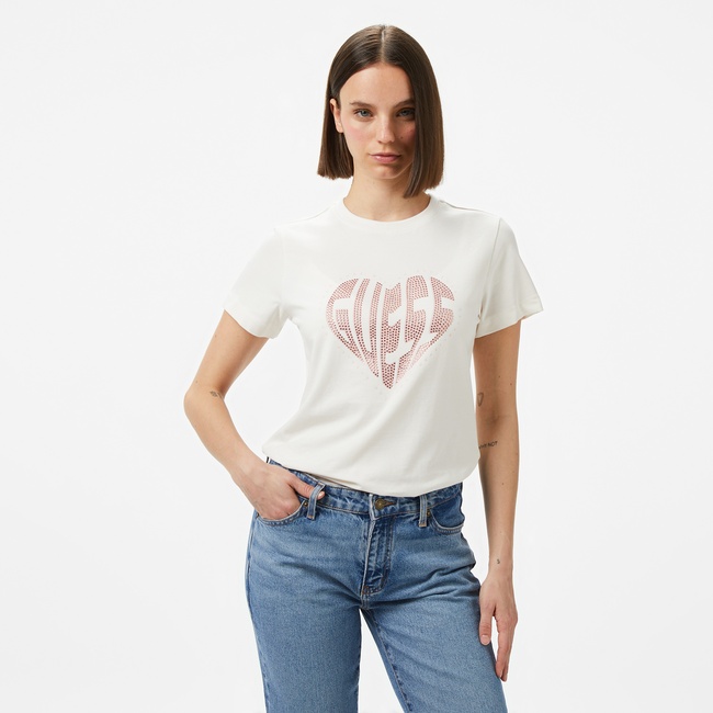  Guess Julia Rhinestone Mid Organicetch 180 Kadın Krem T-Shirt