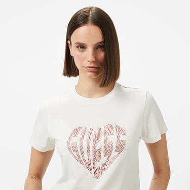  Guess Julia Rhinestone Mid Organicetch 180 Kadın Krem T-Shirt