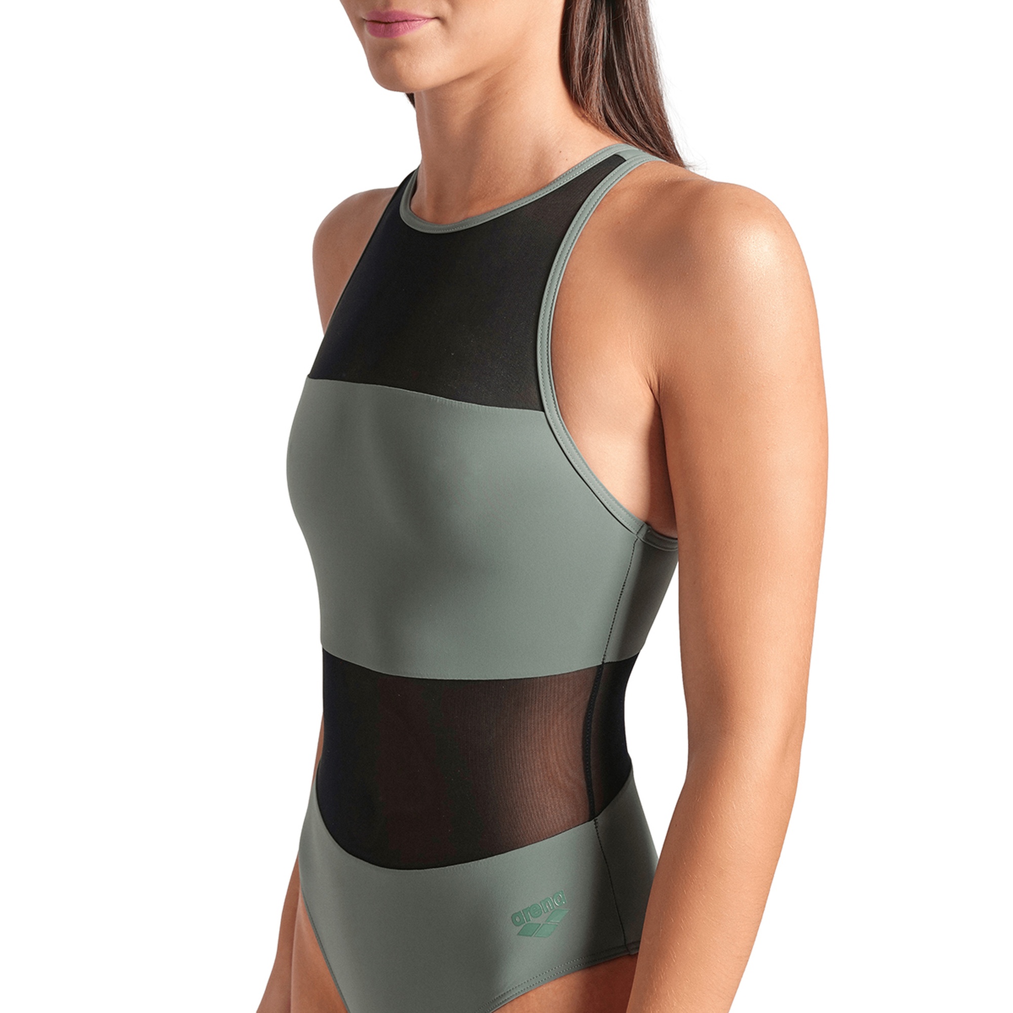 Mesh Panels Swimsuit Vent Back Kadın Gri Yüzücü Mayosu 006658600