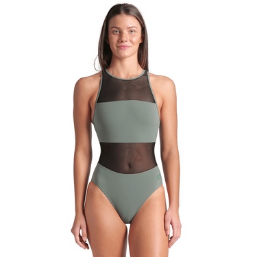  Mesh Panels Swimsuit Vent Back Kadın Gri Yüzücü Mayosu 006658600