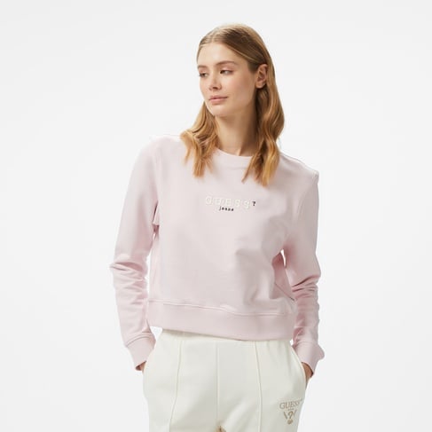  Guess Crop Mid Organic Iconic Kadın Pembe Sweatshirt