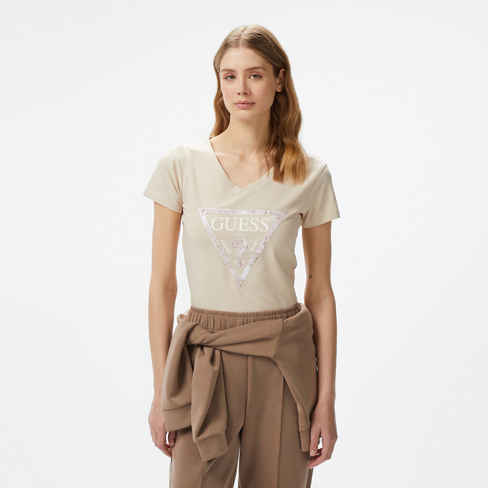Guess Vn Python Triangl Mid Organicetch 180 Kadın Bej T-Shirt