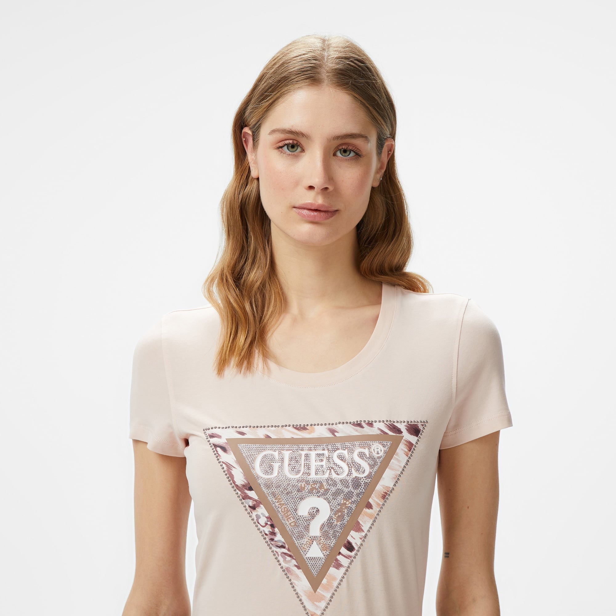 Guess Cn Cheeta Logo Mid Organicetch 180 Kadın Pembe T-Shirt