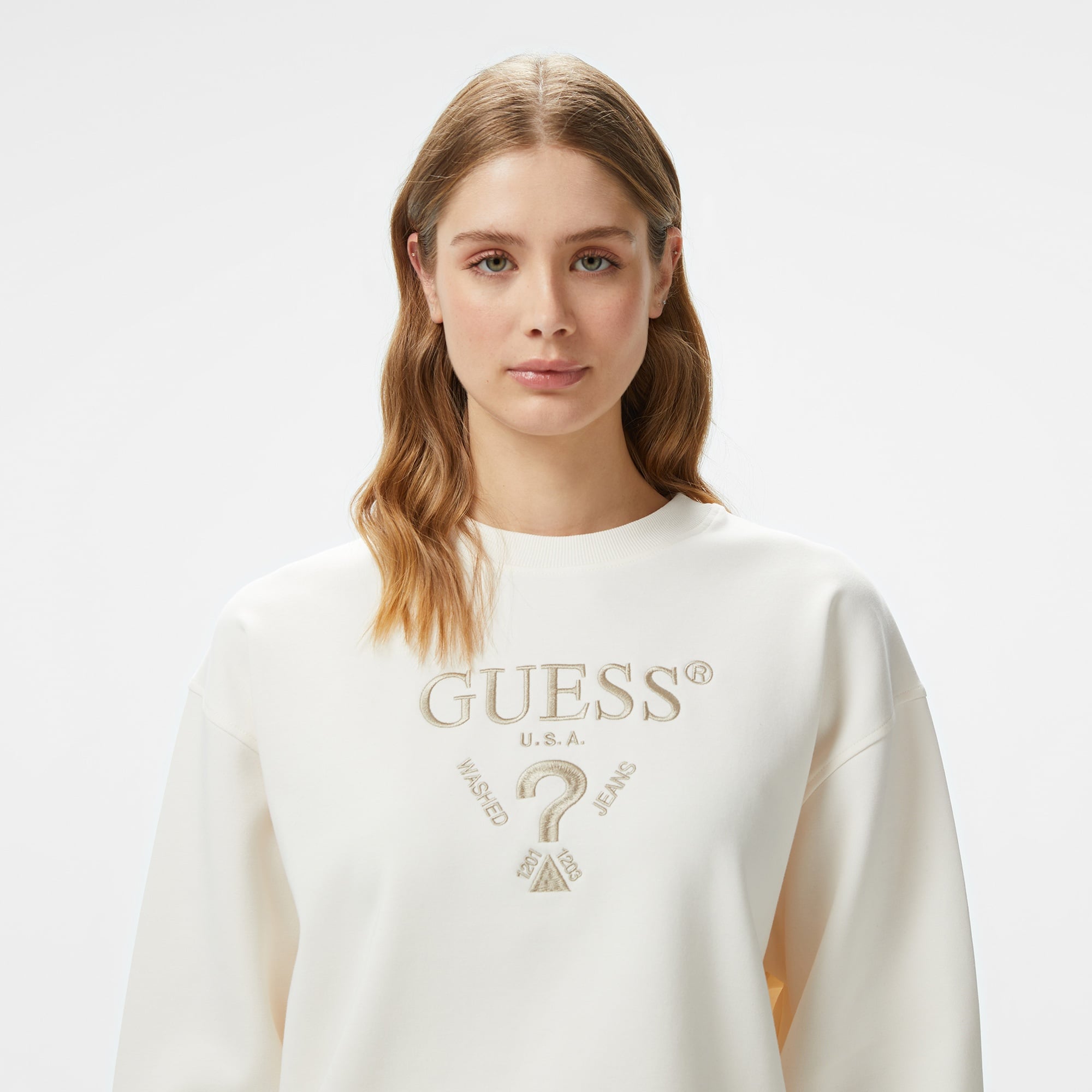 Guess Roberta Recy Poly Cotton Fleece Kadın Krem Sweatshirt