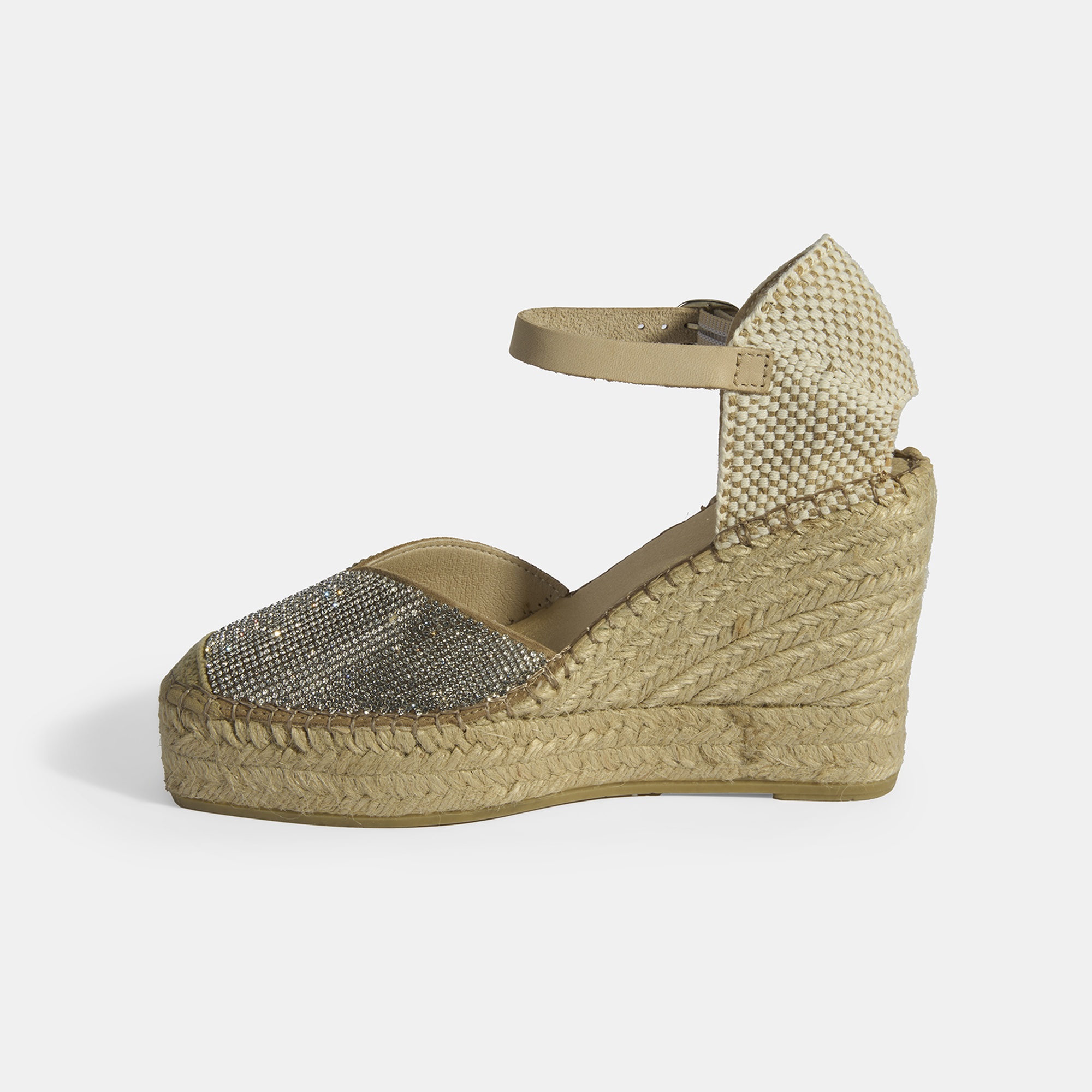 Bej Kadın Toka Aksesuarlı Taş Detaylı Dolgu Topuklu Süet Espadril