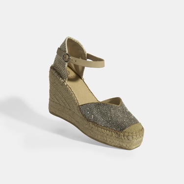  Bej Kadın Toka Aksesuarlı Taş Detaylı Dolgu Topuklu Süet Espadril