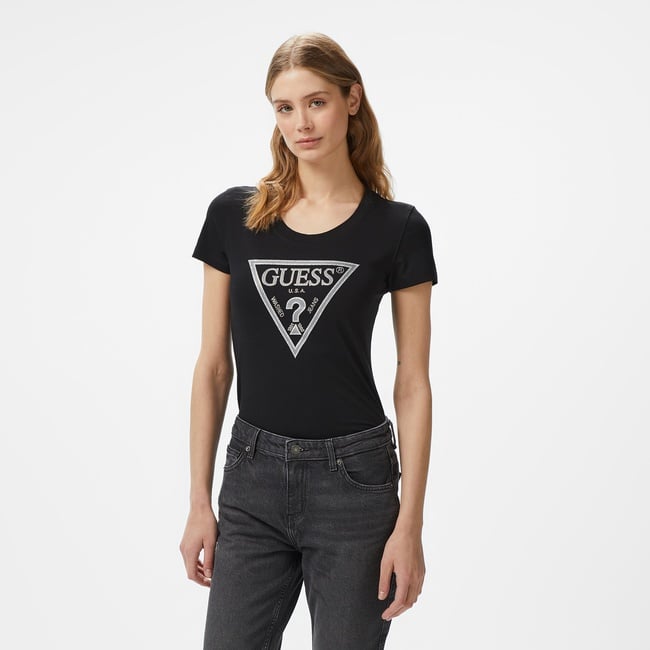  Guess Shiny Triangle Mid Organic Stretch 180 Kadın Siyah T-Shirt