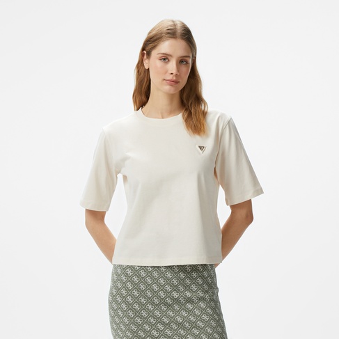  Guess Colette Boxy Mid Organic Stream 180 Kadın Krem T-Shirt