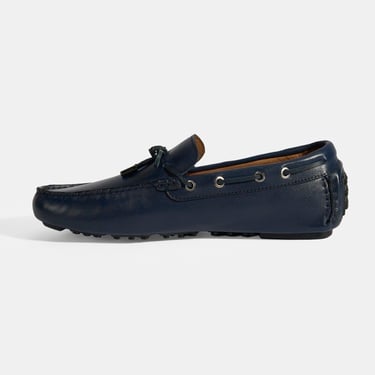  Erkek Lacivert Bağcık Detaylı Slip-On Deri Loafer