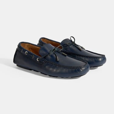  Erkek Lacivert Bağcık Detaylı Slip-On Deri Loafer