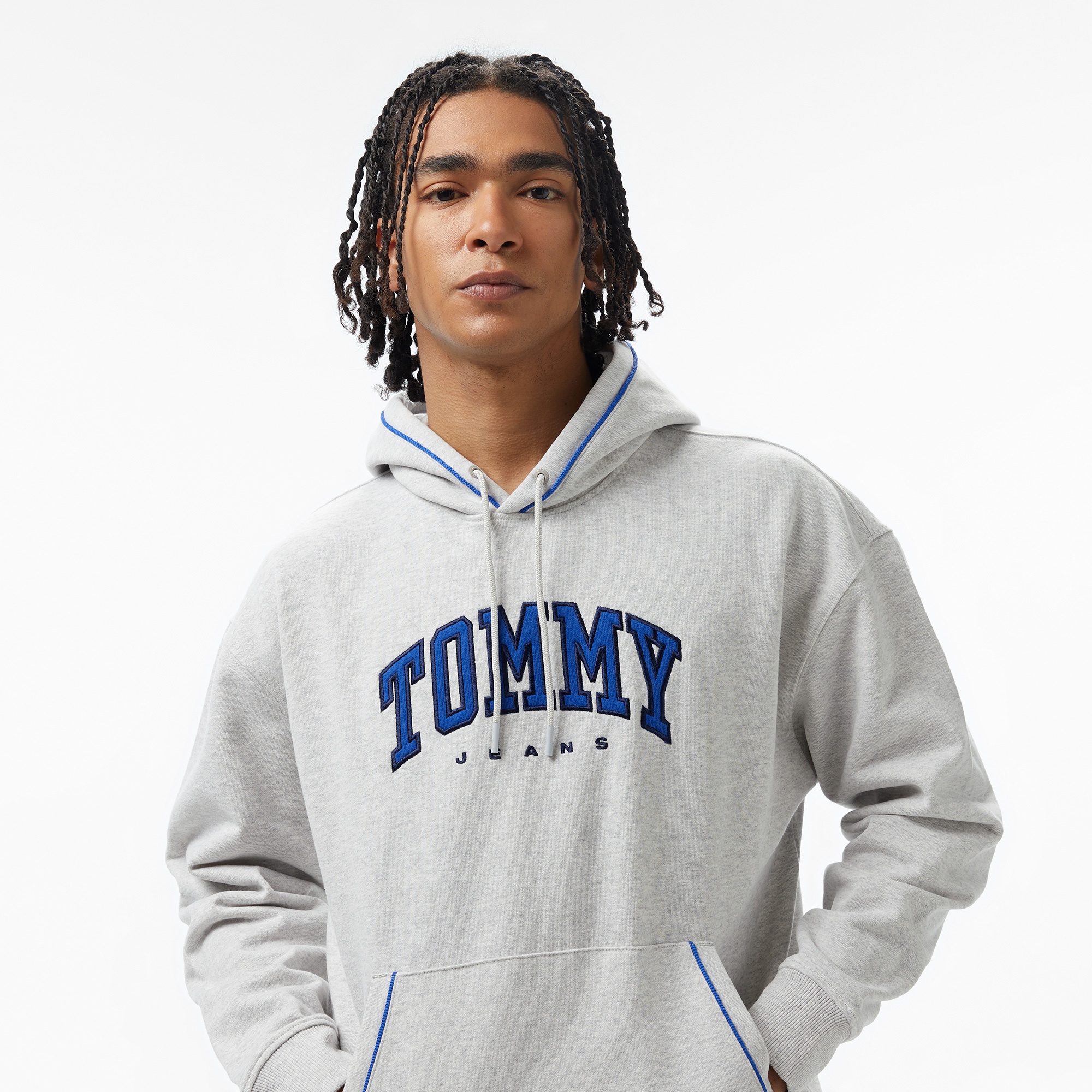 Tommy Hilfiger Jeans Varsity Pipping Hood Erkek Gri Hoodie