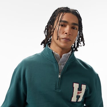  Tommy Jeans 1/4 Zip Towel Patch Erkek Yeşil Sweatshirt