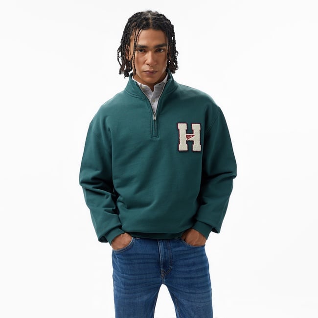  Tommy Jeans 1/4 Zip Towel Patch Erkek Yeşil Sweatshirt