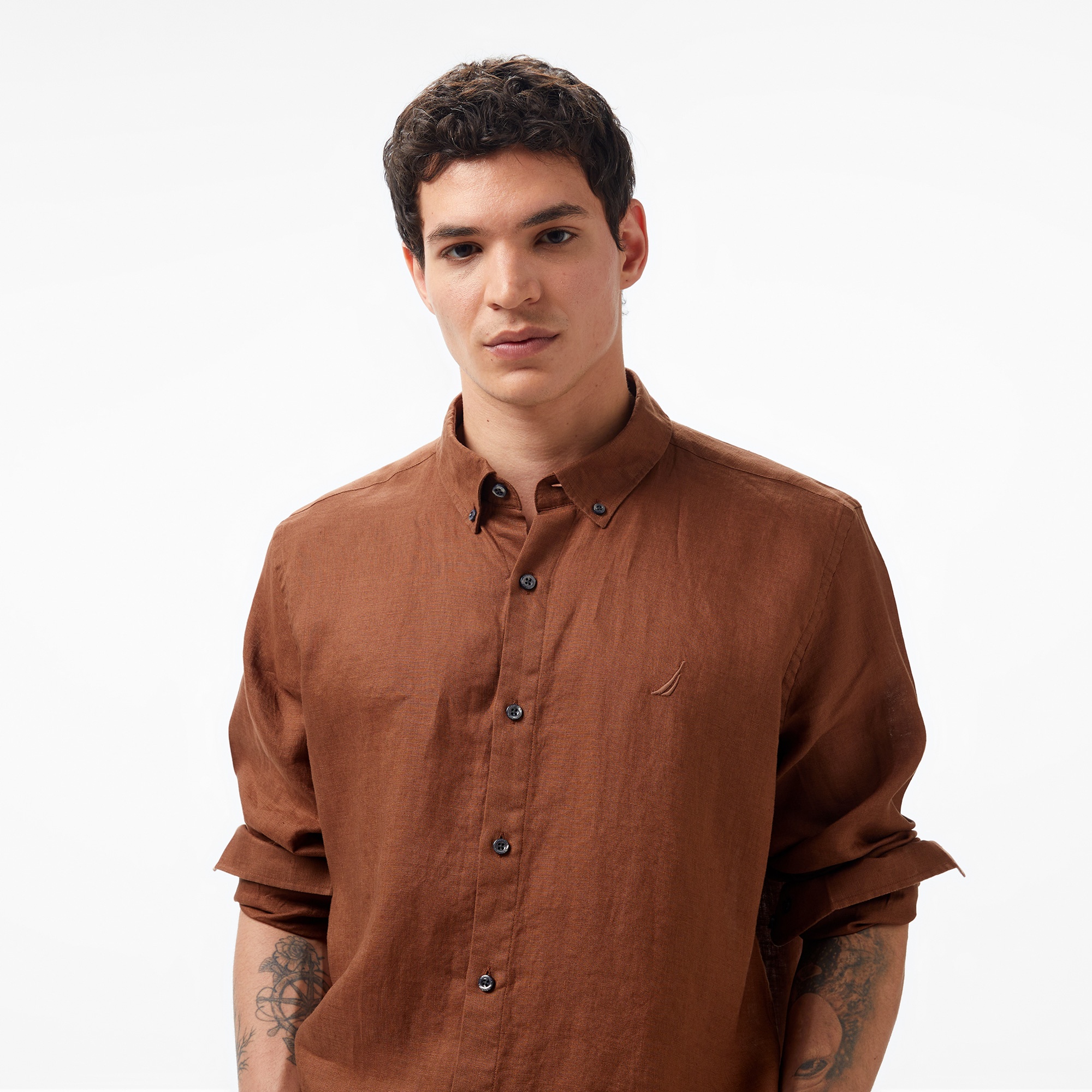 Nautica Erkek Kahverengi Classic Fit Uzun Kollu Keten Gömlek