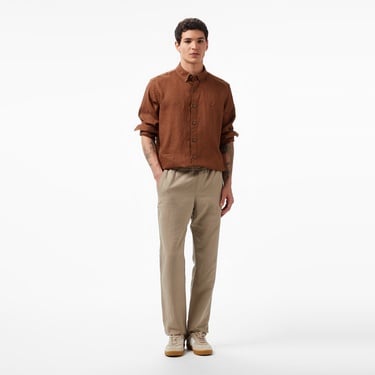  Nautica Erkek Kahverengi Classic Fit Uzun Kollu Keten Gömlek