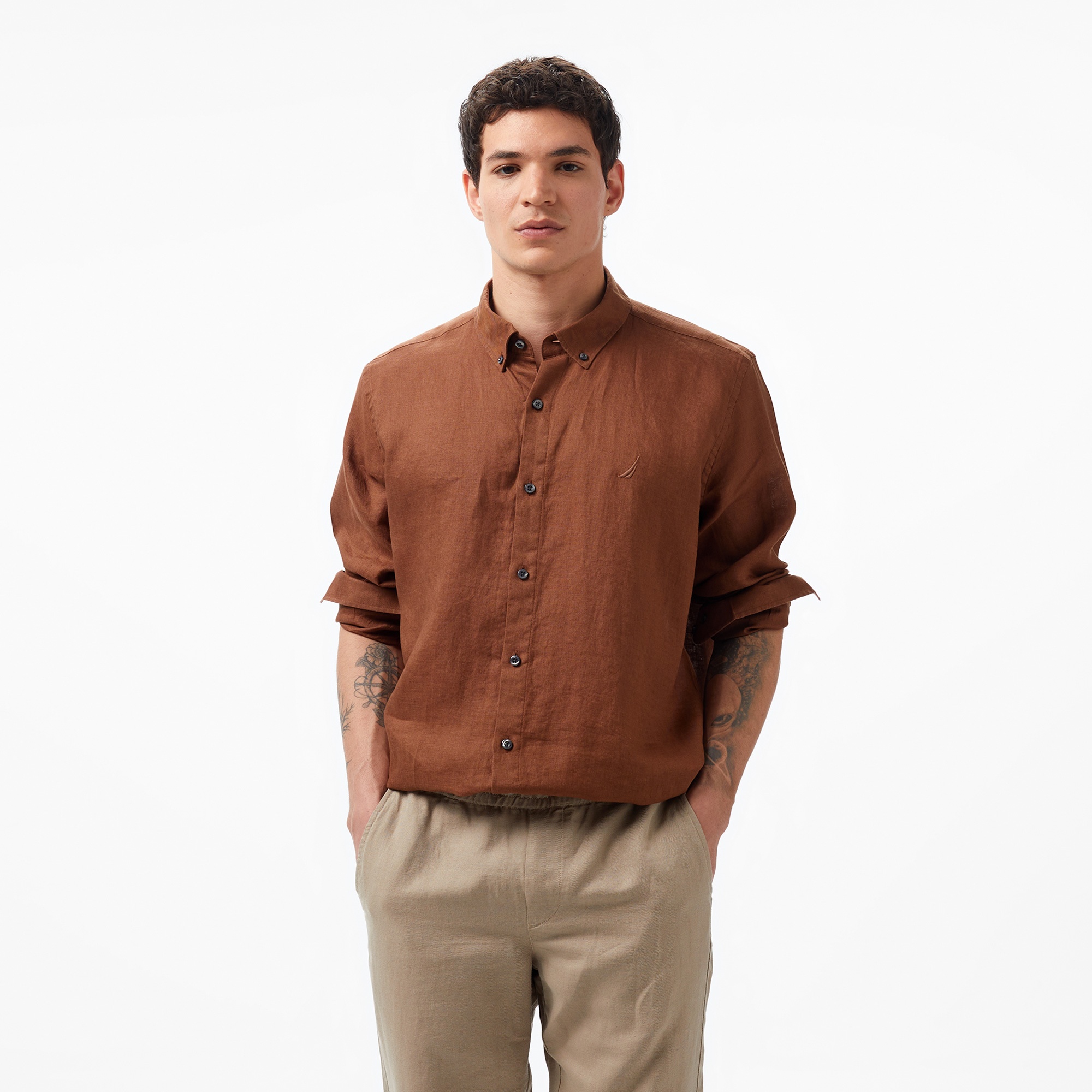 Nautica Erkek Kahverengi Classic Fit Uzun Kollu Keten Gömlek