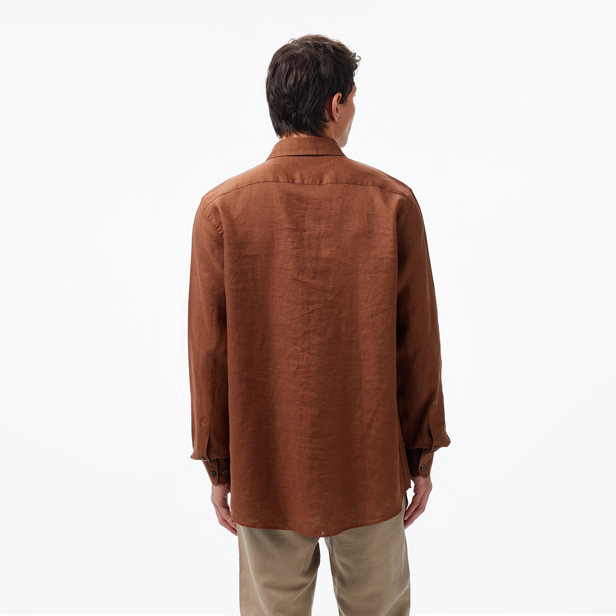 Nautica Erkek Kahverengi Classic Fit Uzun Kollu Keten Gömlek